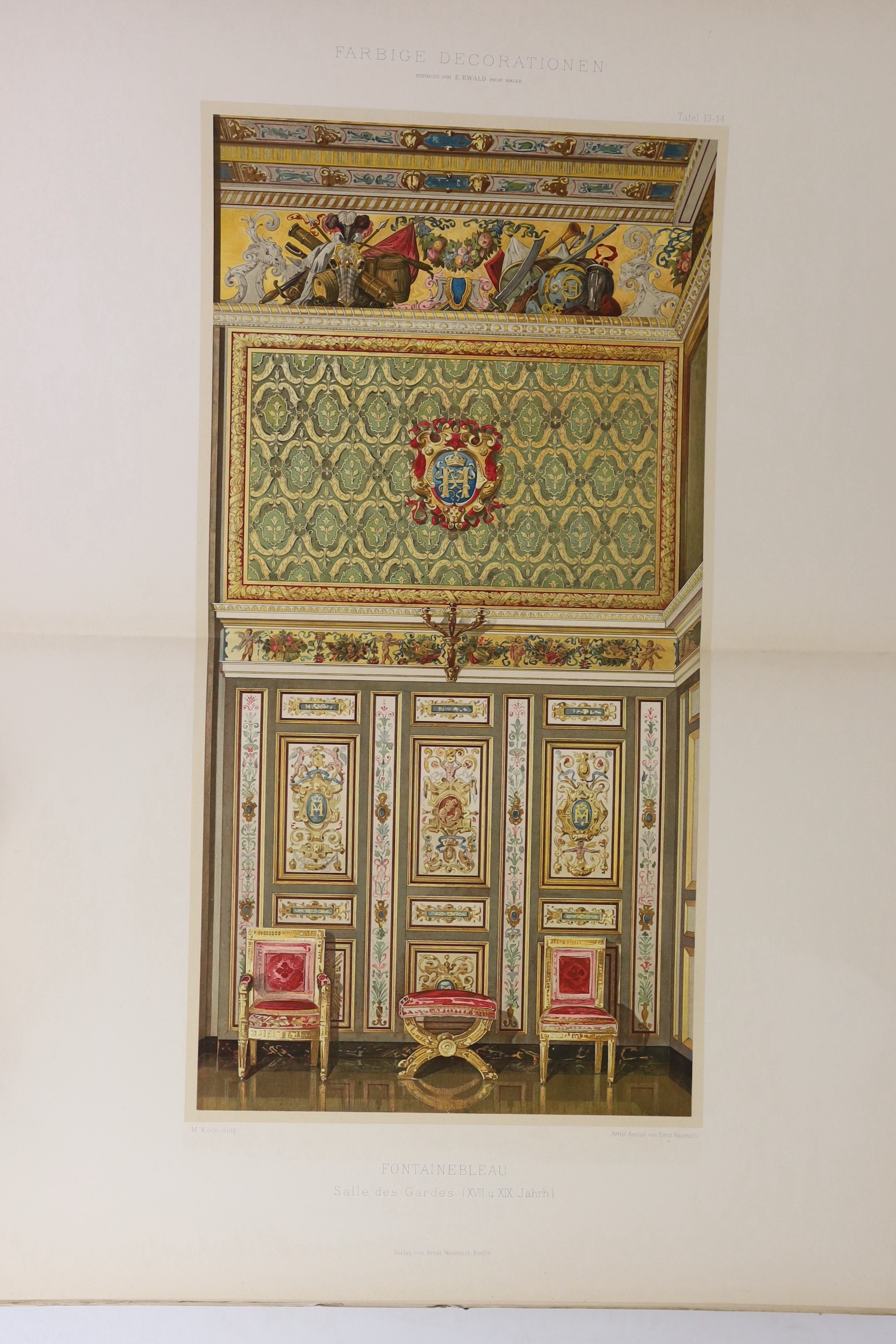 Ewald, Ernst - Farbige Decorationem alter und Neuer Zeit, 2 vols, folio, with 160 coloured plates loose in printed boards, Berlin, 1887-96 and Dupont-Auberville, M - Sammlung Decorationen Stickereien und Stoffmustern, fo